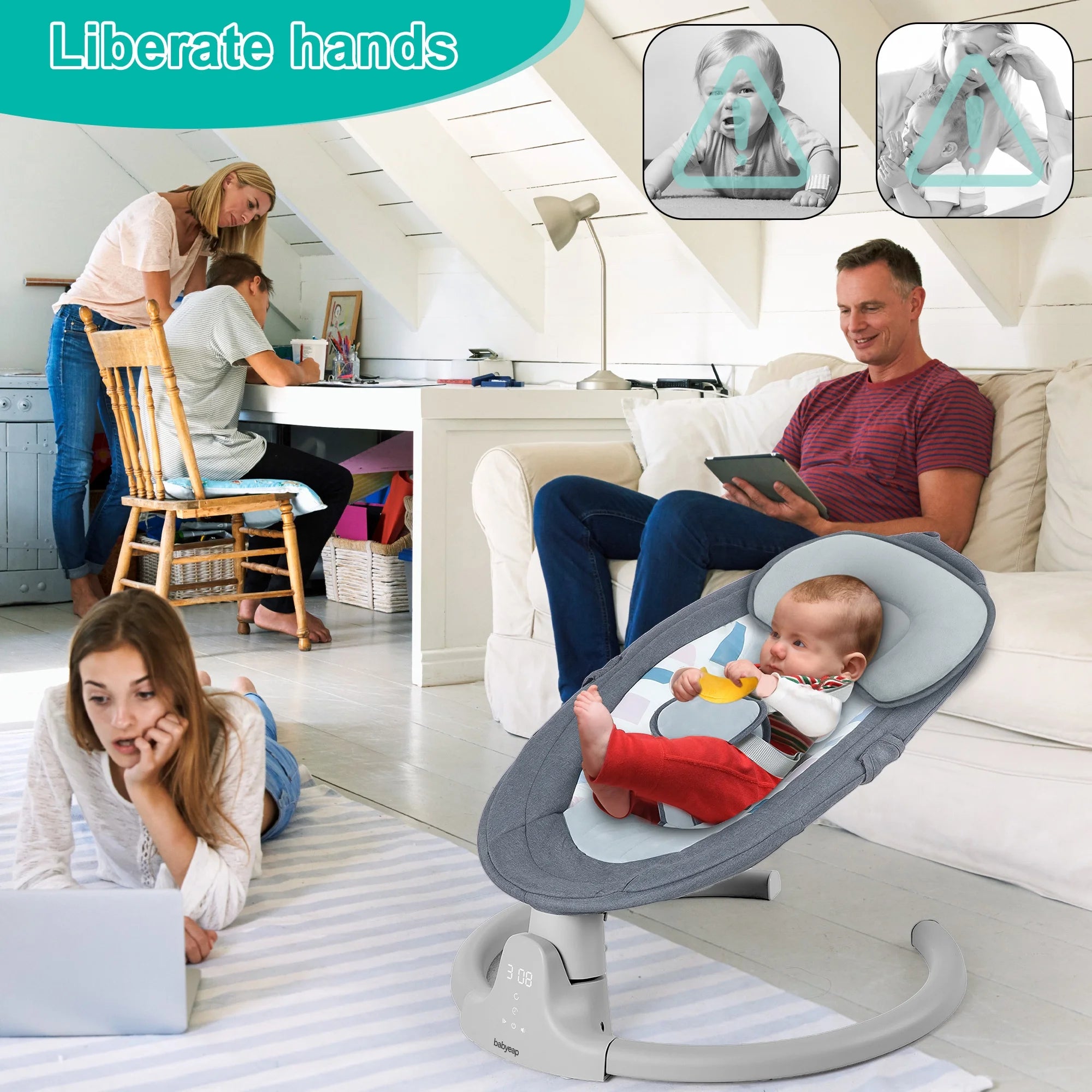Baby Swing for Infants - APP Remote Bluetooth Control, 5 Speed Settings, 10 Lullabies, USB Plug (Blue)