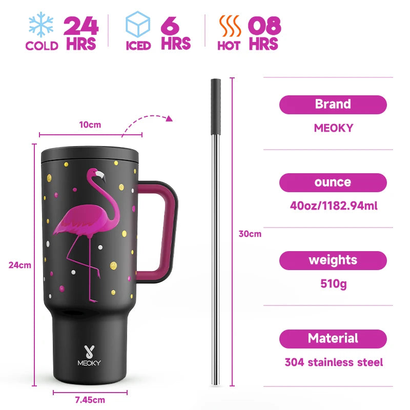 Meoky 40 Oz Stainless Steel Leak-Proof Water Bottle Flamingo Car Mug USA