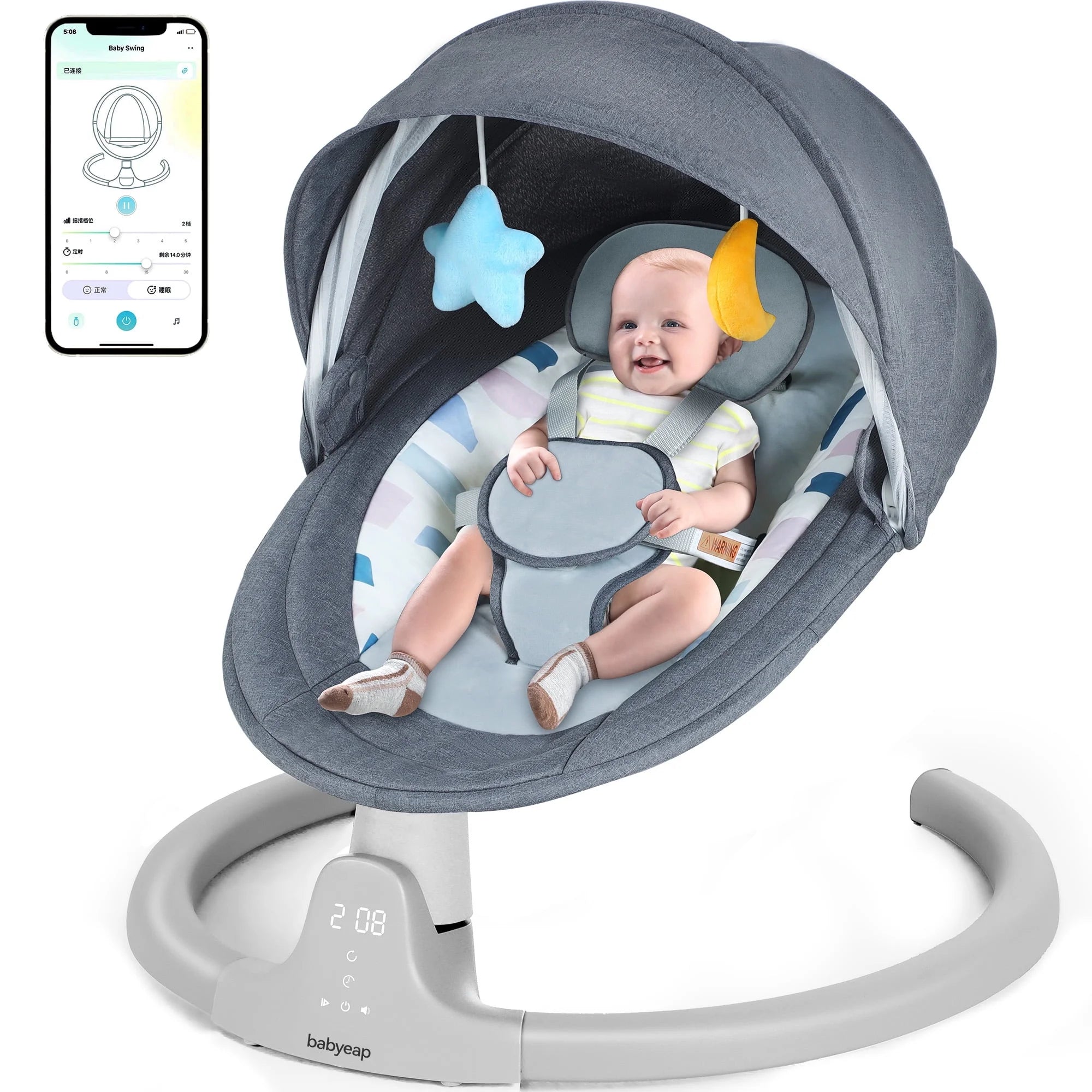 Baby Swing for Infants - APP Remote Bluetooth Control, 5 Speed Settings, 10 Lullabies, USB Plug (Blue)
