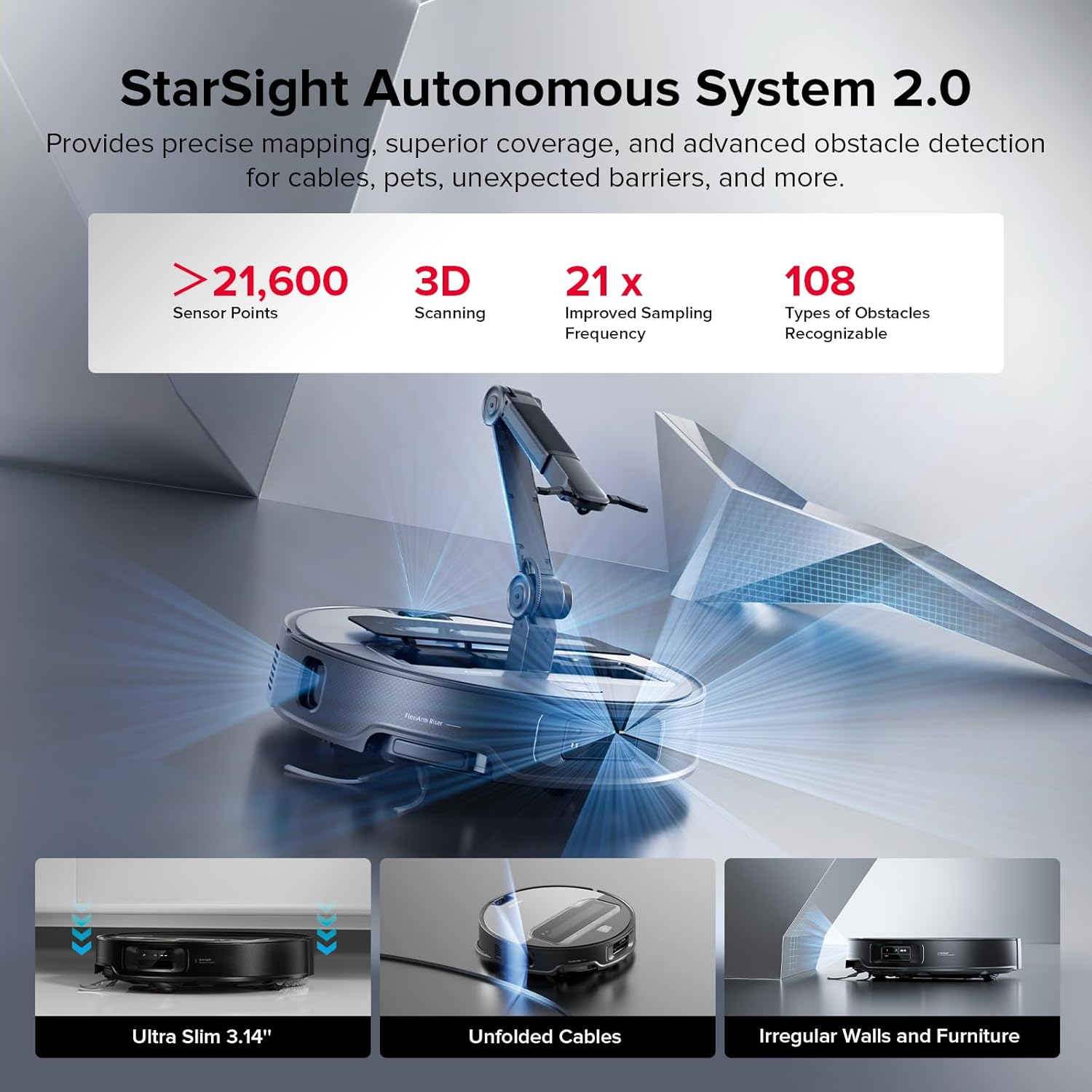 Saros Z70 Robot Vacuum and Mop, Omnigrip Arm, Ai-Powered, 22,000Pa Suction, 3.14’’ Ultra Slim, Flexiarm Riser Technology, Adaptilift Chassis, Obstacle Avoidance, Auto Mop Washing & Drying