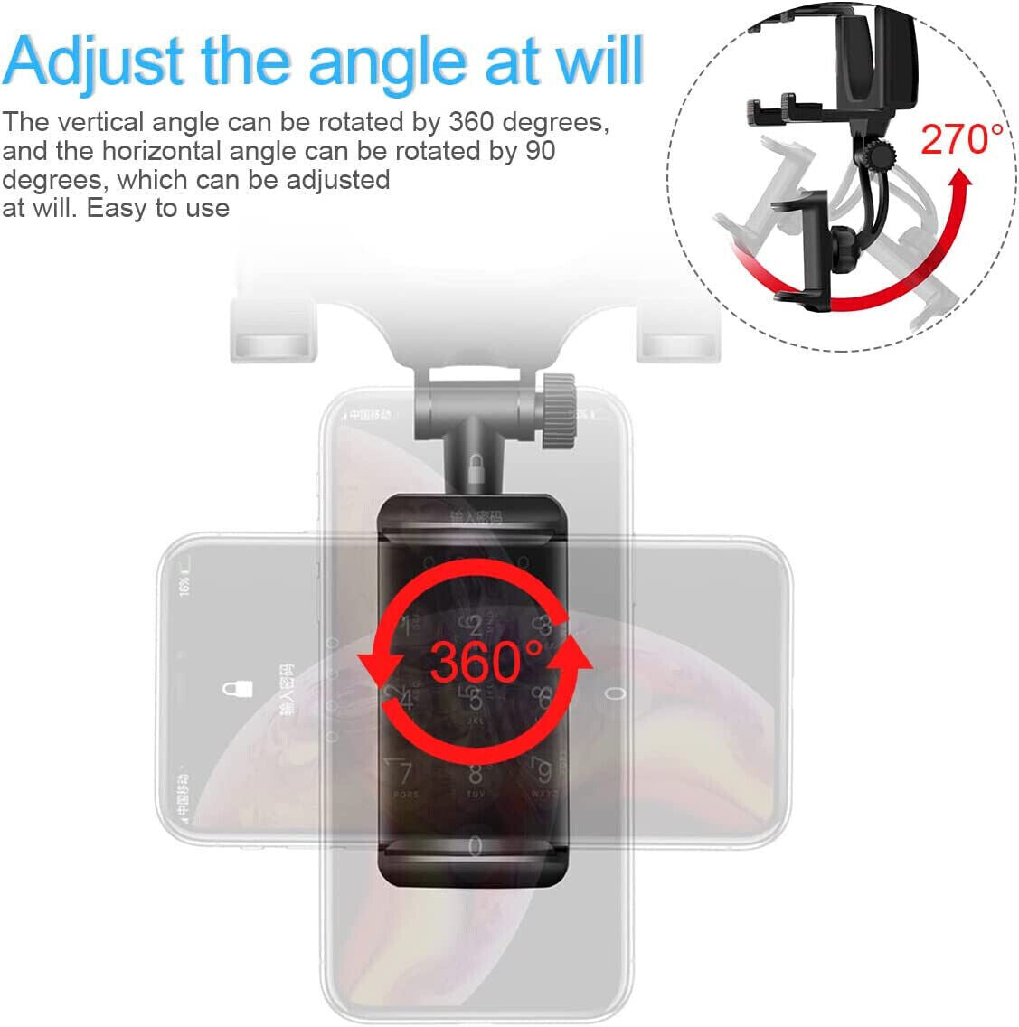 360° Car Rearview Mirror Rotation Adjustable Phone Holder Mount Multifunction