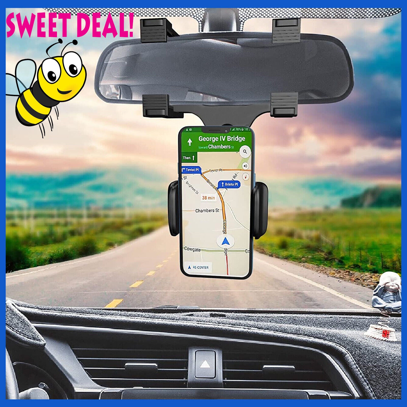 360° Car Rearview Mirror Rotation Adjustable Phone Holder Mount Multifunction